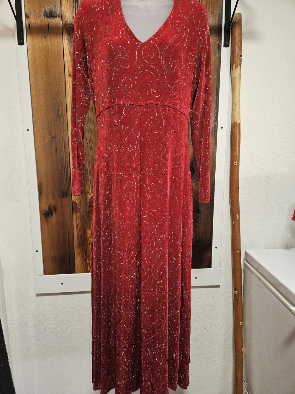 Rabbit Rabbit Rabbit Red V-Neck Long Sleeve Maxi Dress with Sparkle Swirls